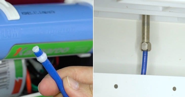Gắn cúc nhựa vào đầu ống dẫn nước (cúc nhựa này có sẵn khi mua máy). Sau đó gắn ống dẫn nước vào vòi lấy nước. 