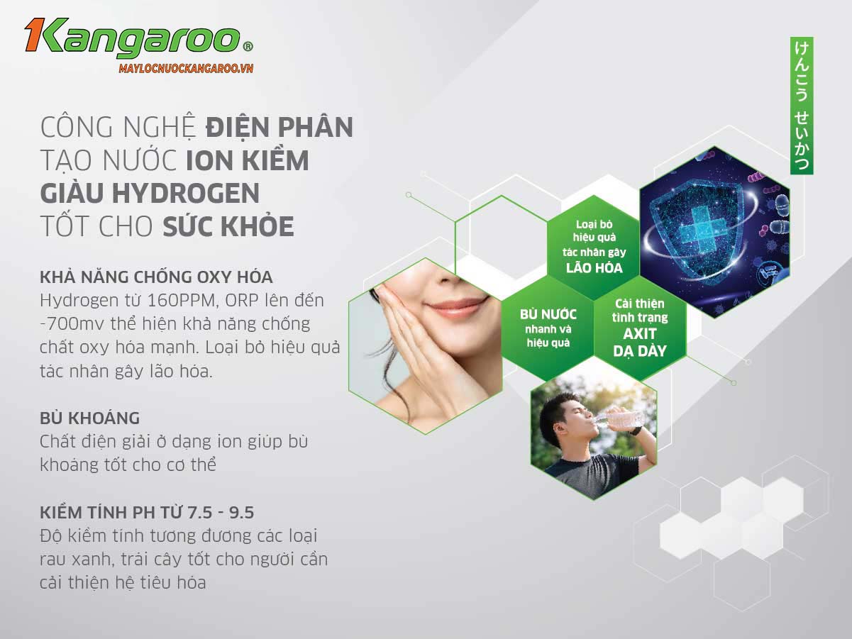 Máy lọc nước Kangaroo Hydrogen ion kiềm KG10A8ESG - Tạo nước ion kiềm giàu Hydrogen ưu việt