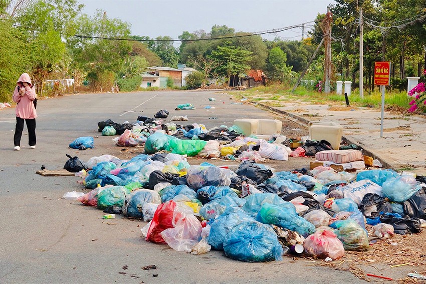 Mặc dù có biển cấm xả rác nhưng rác vẫn được vô tư xả đầy mặt đường. Ảnh chụp ở khu phố 6, phường Linh Trung
