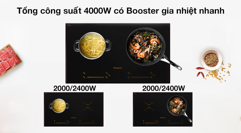 Bếp điện từ đôi Kangaroo KG859i Thái Lan - Bếp từ có 2 vùng nấu với Chức năng Booster - nấu với công suất lớn nhất